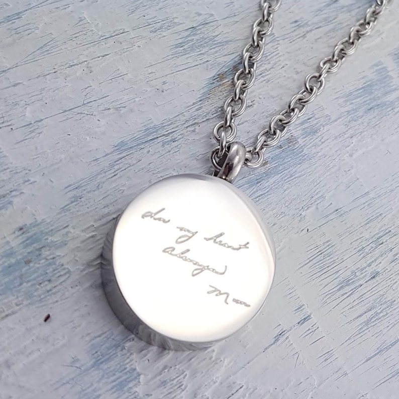 Your Hand Writing Custom Engraved - Circle Cremation Ash Urn Pendant Necklace - Silver Stainless Steel - Personalised Memory Sympathy Gift 