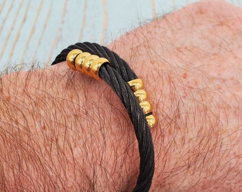 Black and Gold Braided Stainless Steel Cremation Urn Keepsake Men's Unisex Bracelet for Human or Pet Memorial with Free Custom Engraving