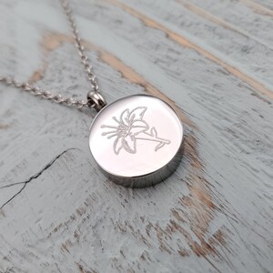 Lily Flower Urn Pendant Necklace: Stainless Steel Memorial Jewelry, Custom Engraving Pet image 2