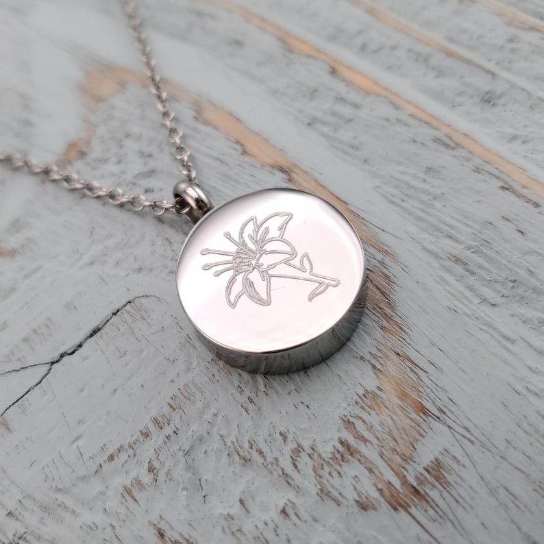 Lily Flower Urn Pendant Necklace: Stainless Steel Memorial Jewelry, Custom Engraving Pet image 2