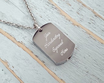 Dog Tag Ash Urn Pendant in Solid Stainless Steel with Custom Personalized Engraving on a Matching Chain