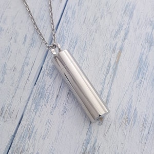 Modern Cylinder Cremation Urn Pendant Necklace - Solid Polished Stainless Steel - Multiple Chain Lengths Available - Secret  Vial