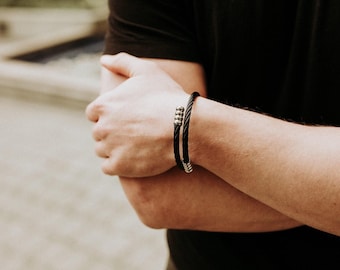 Men's Urn Bracelet: Black and Silver Braided Stainless Steel Cremation Jewelry with Personalized Custom Engraving - Pet Memorial