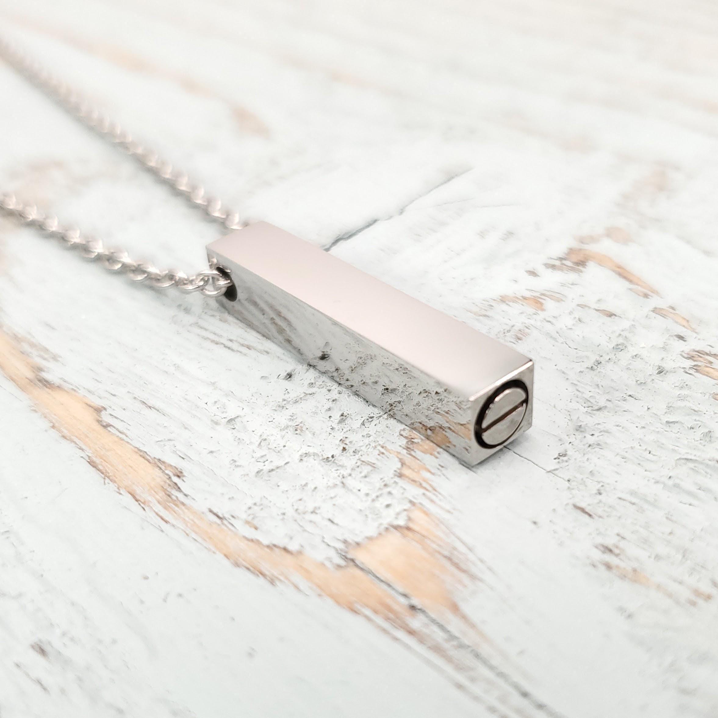 Simple Modern Silver Tube Cremation Ash Urn Necklace - Polished Solid Stainless Steel - Human or Pet Memorial Gift Personalized Letters