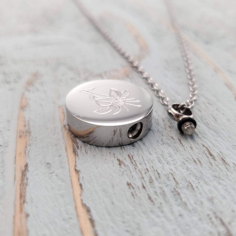 Lily Flower Urn Pendant Necklace: Stainless Steel Memorial Jewelry, Custom Engraving Pet image 5