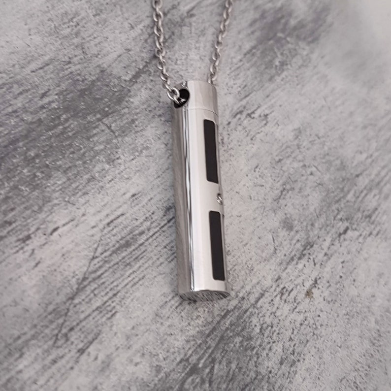 Silver And Black Secret Capsule Cremation Ash Urn Pendant Necklace Stainless Steel Secret Stash Locket Vial Unique Custom Engraved