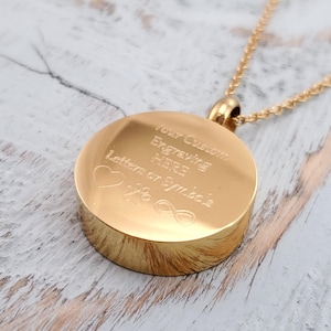 Gold Circle Cremate Ash Urn Necklace: Solid Stainless Steel, Personalized Custom Engraving, Multiple Chain Options