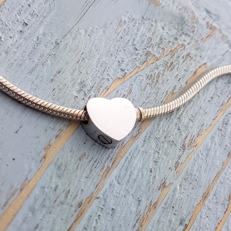 Heart Cremation Ash Urn Charm Bead: Pandora Compatible, Engraved Stainless Steel image 1