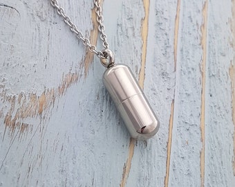 Ash Urn Capsule Container Vial Pendant Necklace in Solid Stainless Steel with Multiple Chain Lengths Available