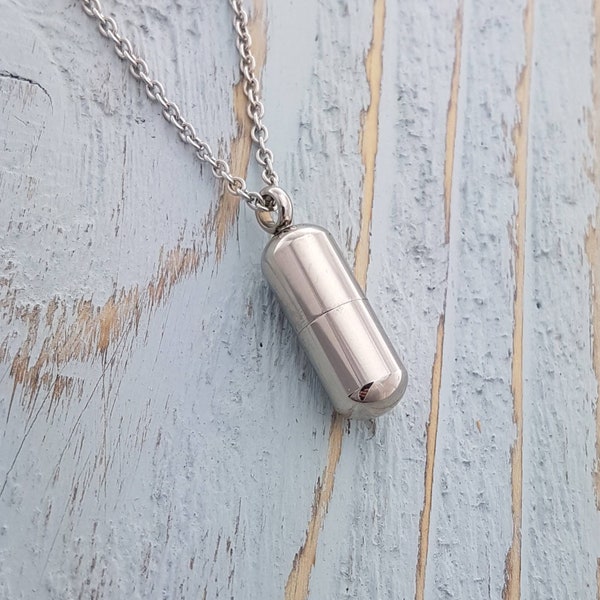 Ash Urn Capsule Container Vial Pendant Necklace in Solid Stainless Steel with Multiple Chain Lengths Available