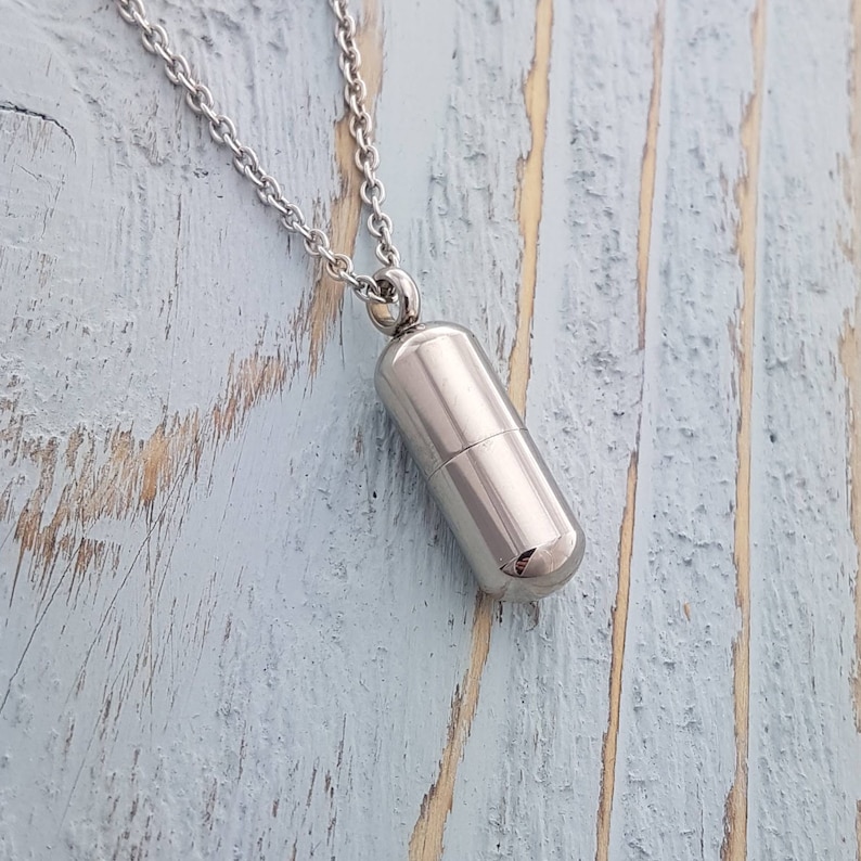 Silver Pill Shaped Container Vial Pendant Necklace - Solid Stainless Steel - Multiple Chain Lengths Available - Medicine Capsule Holder 