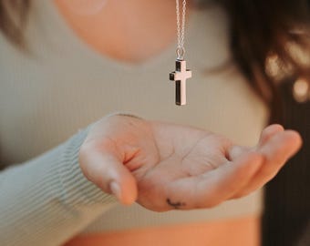 Cross Cremation Ash Urn Pendant Necklace: Solid 925 Sterling Silver Personalized Custom Engraving Pet Memorial