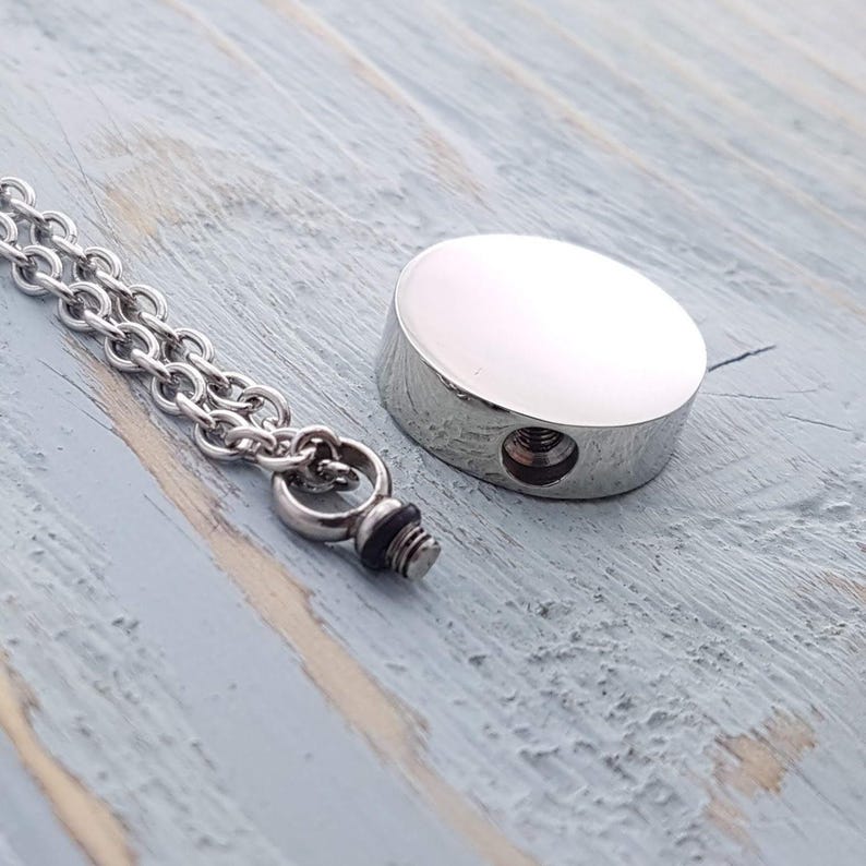 Circle Cremation Ash Urn Pendant Necklace: Silver Stainless Steel Custom Engraving Fingerprint, Handwriting, Dog Cat Nose or Paw Print image 2