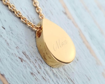 Gold Tear Drop Cremation Urn Necklace: Stainless Steel Memorial Keepsake, Handwriting Engraved - Pet