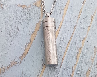 Silver Scrolled Secret  Cremation Ash Urn Pill Container Pendant Necklace Stainless Steel - Personalized Custom Engraved Sympathy Gift