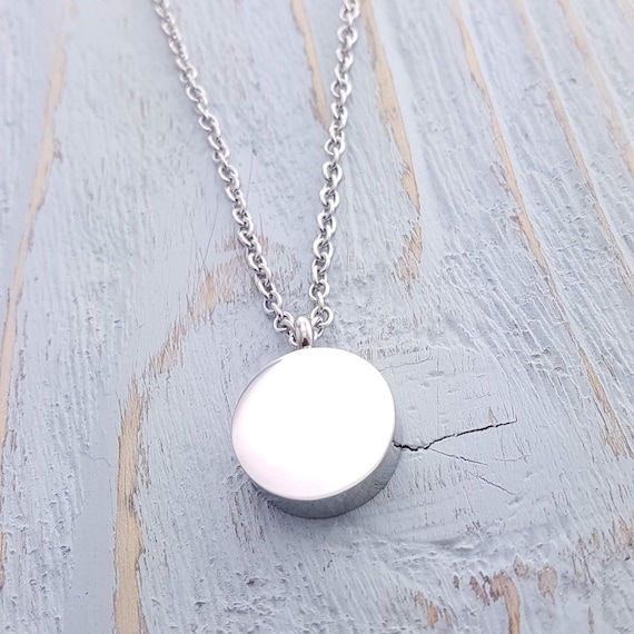 Circle Cremation Ash Urn Pendant Necklace: Silver Stainless Steel Custom Engraving Fingerprint, Handwriting, Dog Cat Nose or Paw Print