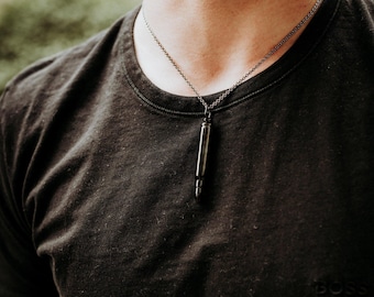Rifle Bullet Cremation Urn Pendant Necklace - Black Stainless Steel Personalized Custom Sympathy Gift for Him Letter Number Name Symbols