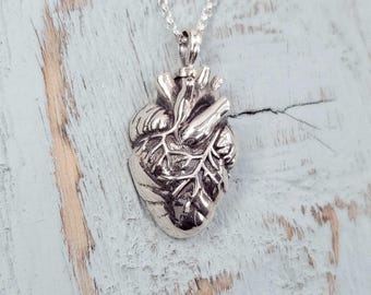 Collier coeur anatomique personnalisé avec pendentif en forme d'urne incinérée en frêne : argent sterling 925 - Pet Memorial