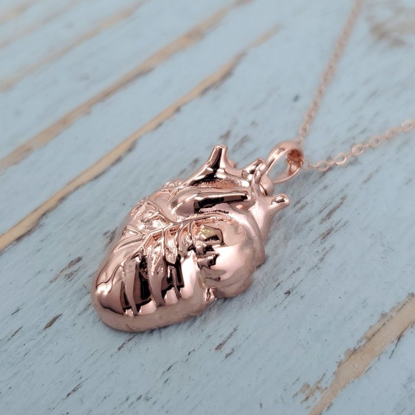 Rose Gold Anatomical Heart Cremation Ash Urn Pendant Necklace - Solid Rose Gold Plated 925 Sterling Silver Vermeil - Free Engraving