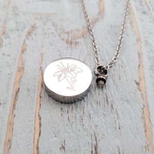 Lily Flower Urn Pendant Necklace: Stainless Steel Memorial Jewelry, Custom Engraving Pet image 3
