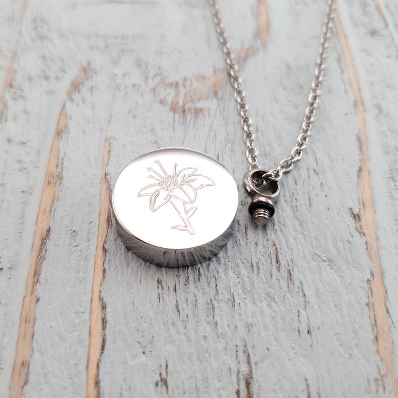 Lily Flower Urn Pendant Necklace: Stainless Steel Memorial Jewelry, Custom Engraving Pet image 3