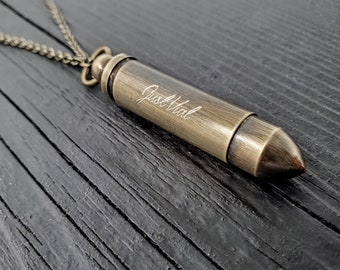 Antique Brass Bullet Urn Pendant Secret Capsule Cremation Ash Necklace with Custom Engraving on a Matching Chain