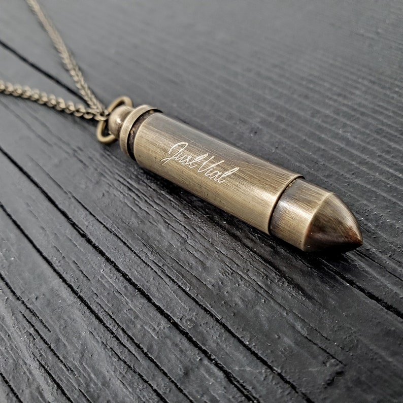 Antique Brass Bullet Urn Pendant Secret Capsule Cremation Ash Necklace with Custom Engraving on a Matching Chain image 1