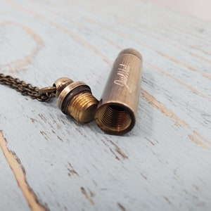 Antique Brass Bullet Urn Pendant Secret Capsule Cremation Ash Necklace with Custom Engraving on a Matching Chain image 2