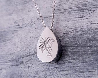 Lily Flower Cremation Necklace: Engraved Teardrop Urn, Stainless Steel Memorial Keepsake -  Pet Memorial