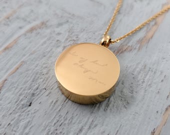 Gold Handwriting Cremation Necklace, Personalized Ashes Urn Pendant, Custom Engraved Memorial Jewelry with Fingerprint or Pet Nose Print