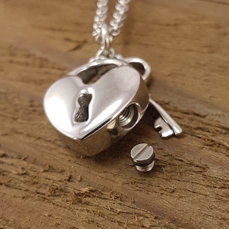 Custom Engraving Available Solid Polished Silver Stainless Steel Heart Lock and Key Cremation Urn Locket Capsule Pendant Necklace