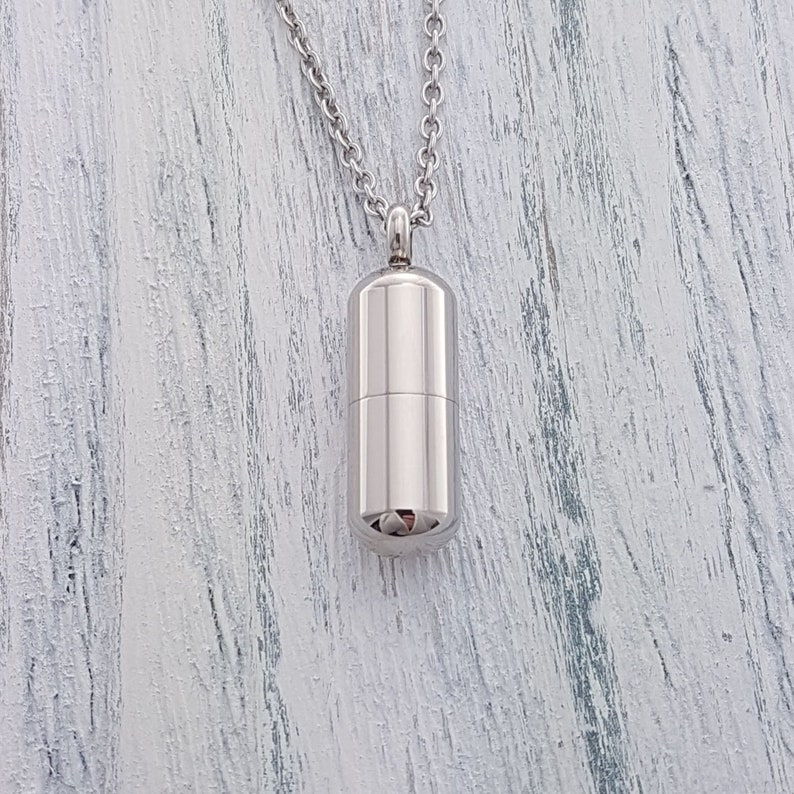 Silver Pill Shaped Container Vial Pendant Necklace Solid Etsy