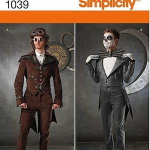Peut inclure: Le patron Simplicity 1039 présente deux modèles de costumes. L'un est une tenue marron d'inspiration steampunk avec une veste, un pantalon et des lunettes. L'autre est un costume noir et blanc avec une veste, un pantalon et du maquillage squelette.
