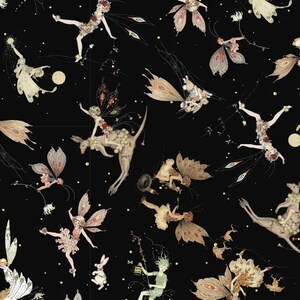 May include: A black background with a repeating pattern of fairies, some riding kangaroos, with gold, white, and brown accents.
