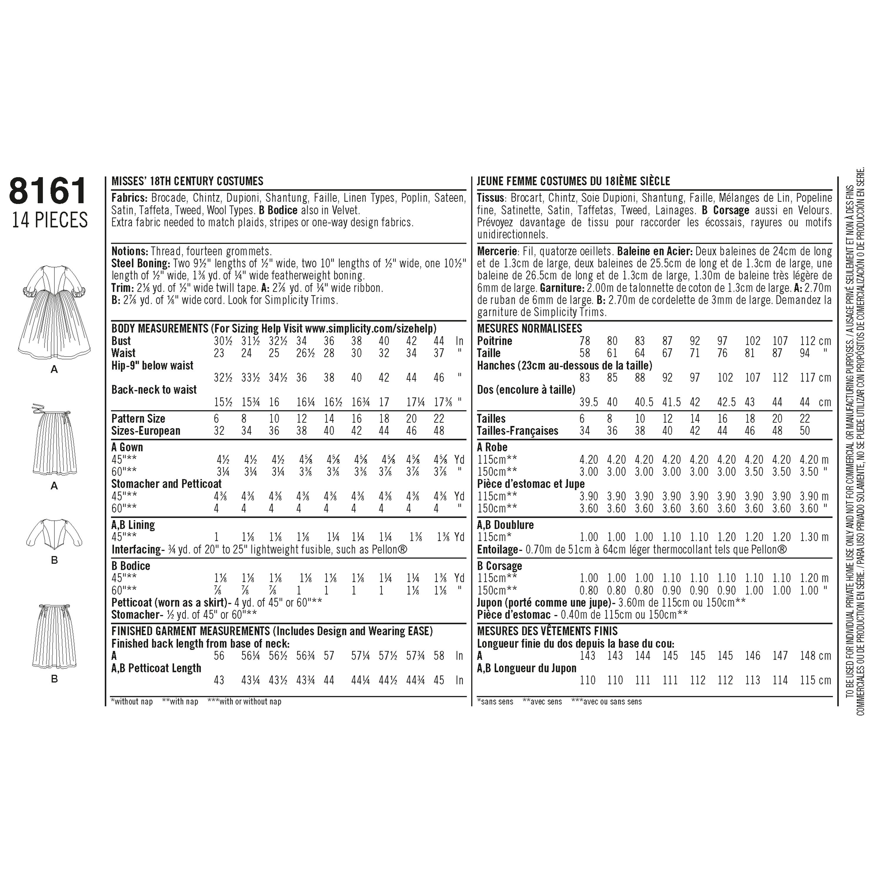 Simplicity 8161 Sewing Pattern Misses' 18th Century Costumes - Etsy