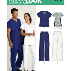 May include: Sewing pattern for scrubs, featuring a blue, white, and green color scheme. The pattern includes a top with a V-neck and short sleeves, and pants with pockets. The pattern is labeled "NEWLOOK 6876".