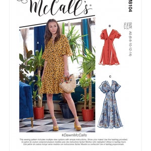 May include: A sewing pattern for a dress with three different views. The dress is shown in three different colors and patterns: yellow with black polka dots, red, and blue with white flowers. The pattern includes sizes A5 (6-8-10-12-14). The pattern is called "#DawnMcCalls".