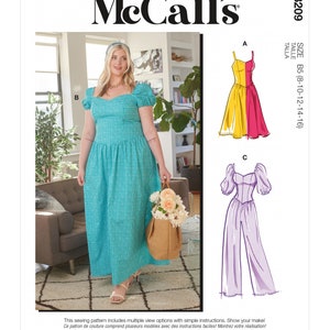 May include: A sewing pattern featuring three different dress styles. The first dress is a yellow and pink sundress. The second dress is a teal and white gingham maxi dress. The third dress is a purple and white striped top and pants set. The pattern includes sizes B5 (8-10-12-14-16).