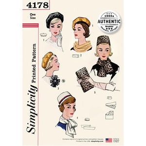 Puede incluir: Patrón de costura vintage para un sombrero y una bufanda. El patrón es de la década de 1960 y está etiquetado como "Patrón original auténtico". El patrón incluye instrucciones para hacer un gorro, un sombrero cloche y una bufanda. El patrón está impreso en papel blanco con tinta negra.