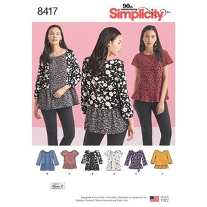 May include: A sewing pattern for a women's top with different variations. The pattern includes a black and white floral print top, a red lace top, a blue denim top, a red floral print top, a black and white floral print top, a white floral print top, a purple floral print top, and a yellow ruffle top. The pattern is from Simplicity and is number 8417.