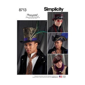 May include: A sewing pattern for four different hats, including a top hat, a fedora, a newsboy cap, and a bowler hat. The pattern is from Simplicity and is for size 8713.