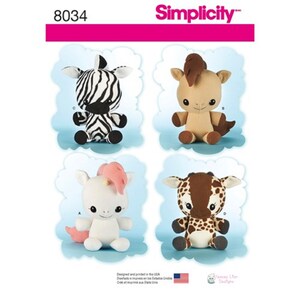 May include: A Simplicity sewing pattern for making four plush toys: a zebra, a horse, a unicorn, and a giraffe. The pattern number is 8034.
