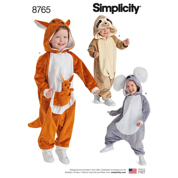 Patrón de simplicidad 8765 ~ 6 meses - 4 años Un disfraz de niño Koala, Canguro, Perezoso Todo en un solo traje