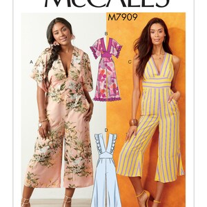 May include: McCall's M7909 sewing pattern for a jumpsuit with four different styles. The pattern includes a floral print jumpsuit, a striped jumpsuit, a pink jumpsuit with a ruffled neckline, and a blue jumpsuit with a ruffled neckline.