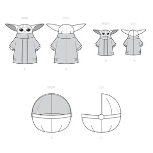 May include: Line drawing pattern pieces for a baby costume. The costume is a hooded robe with a large, round head and ears. The pattern pieces are labelled A, B, and C. A is the full body robe, B is the head and ears, and C is the round head.