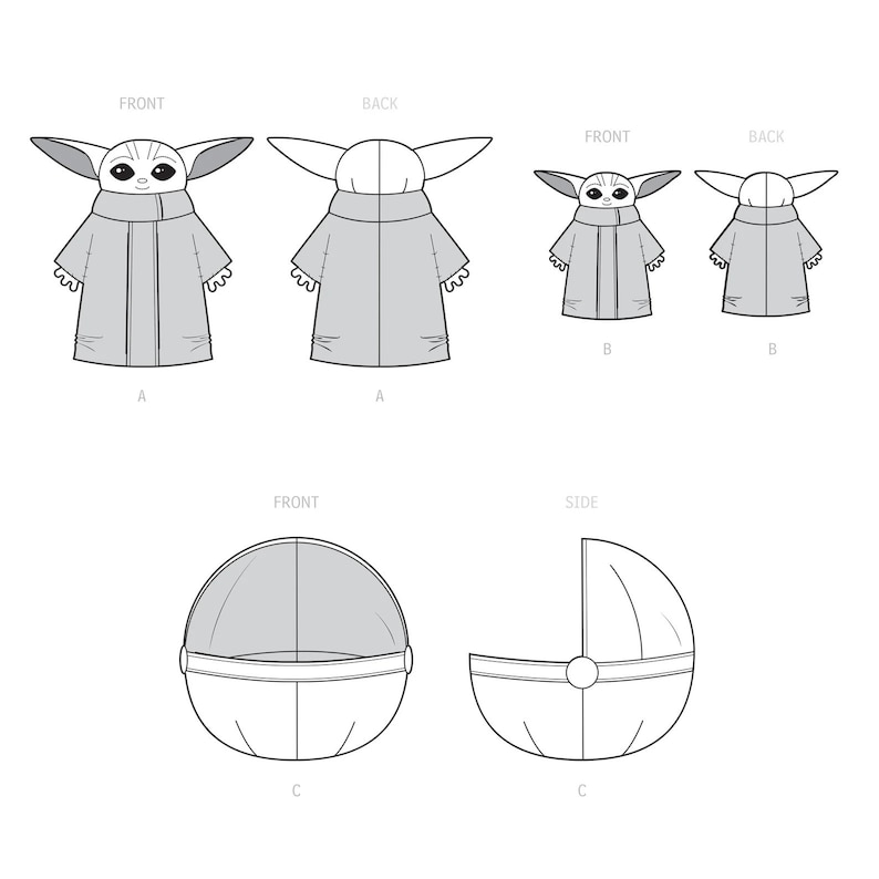 May include: Line drawing pattern pieces for a baby costume. The costume is a hooded robe with a large, round head and ears. The pattern pieces are labelled A, B, and C. A is the full body robe, B is the head and ears, and C is the round head.