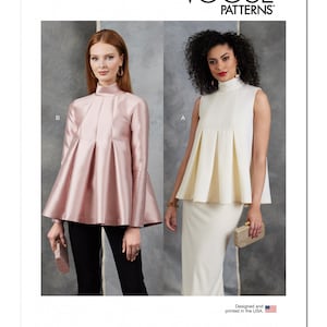 May include: Vogue Patterns sewing pattern V1909 for a sleeveless and long-sleeved top with a high neck and pleats. The sleeveless top is white and the long-sleeved top is pink.