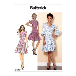 Butterick Pattern B6514 Misses&#39; / Miss Petite Paneled Dress with multiple sleeve options  V neck or round