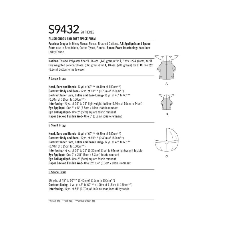 May include: Sewing pattern for a plush Grogu and a space pram. The pattern includes instructions for making a large and small Grogu, as well as a space pram. The pattern also includes a list of materials and notions needed to complete the project.