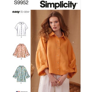 May include: Simplicity sewing pattern S9952, easy-to-sew, for a shirt with three different sleeve and collar variations. The pattern shows a model wearing a long-sleeved, collared shirt with a button-up front in a bright orange color.